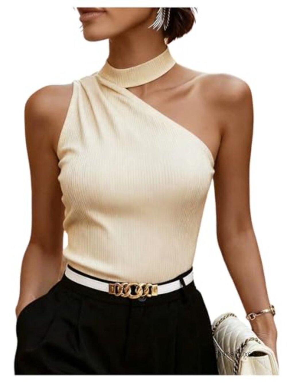 Women's One Shoulder Knit Top Mock Neck Asymmetrical Sleeveless Tank